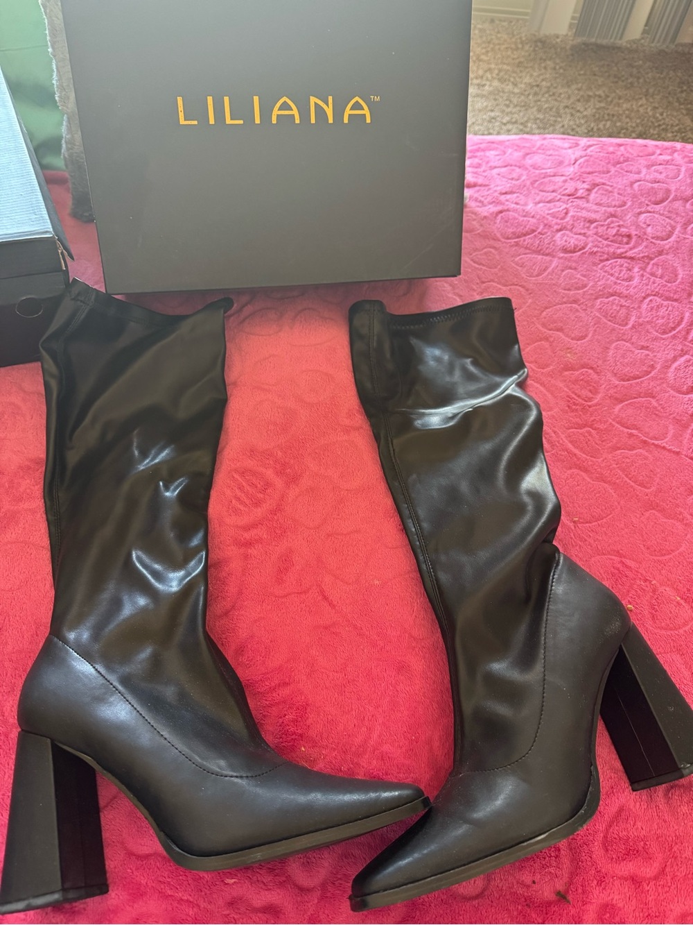 Liliana Black Pointed-Toe Knee-High Block Heel Boots